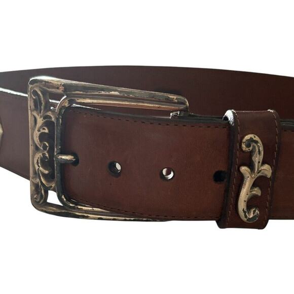 Brighton Women’s Art Nouveau Belt brown Leather Silver Swirl buckle Scroll Sz S - Picture 7 of 12